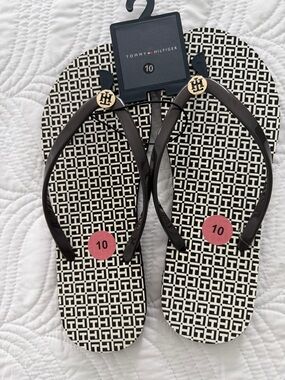 Tommy Hilfiger Black & White Monogram Flip Flops with Gold Tone Logo